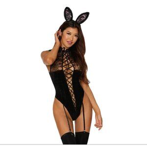 Bunny Teddy Lingerie Black Lace Velvet Costume with Ears Tail Dreamgirl One Size